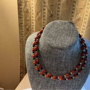 Monet Brand Red, Black and Goldtone Beaded Long Necklace